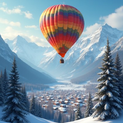 Colorful hot air balloon over snowy mountains