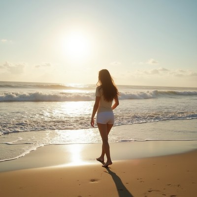 Woman walking on beach at sunset