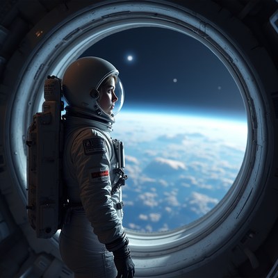 Female astronaut viewing Earth from space station