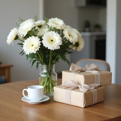 White Daisies with Wrapped Gifts and Teacup