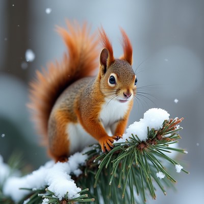 Red Squirrel on Snowy Pine Branch