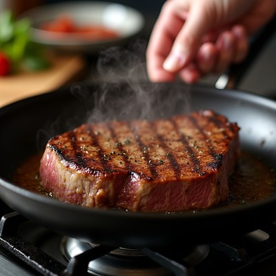 Hand salting grilled steak in pan