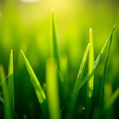 Fresh green grass blades in sunlight