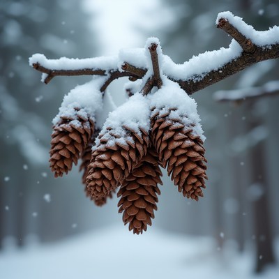 Snowy Pine Cones on Branch