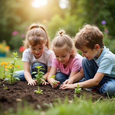 Children planting seedlings in garden