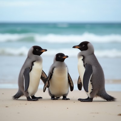 Three baby penguins on beach
