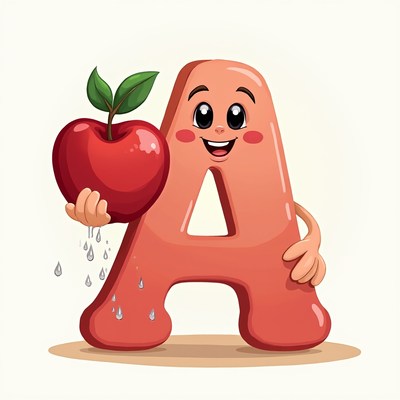 Cartoon Letter A Holding Red Apple