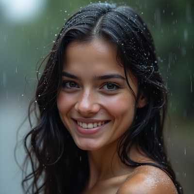 Smiling woman in rain with wet hair