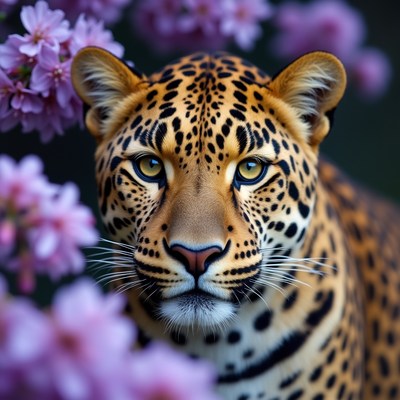 Leopard surrounded by pink cherry blossoms