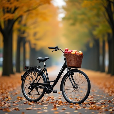 Black bicycle with apples in basket