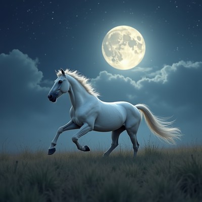 White horse galloping under full moon