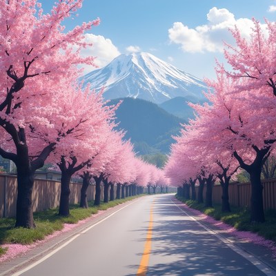 Pink Cherry Blossoms Mount Fuji Road