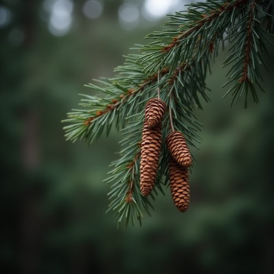 Pine Cones Hanging on Spruce Branch