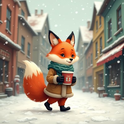 Anthropomorphic fox holding coffee in snowy street