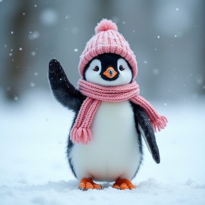Cute penguin waving in pink hat scarf