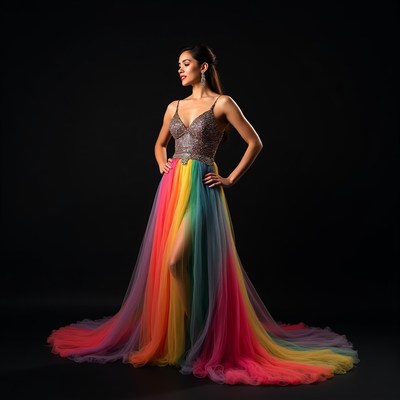 Latina woman in rainbow gown