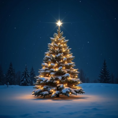 Lit Christmas Tree in Snowy Night