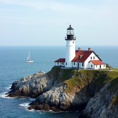 White lighthouse on rocky cliff