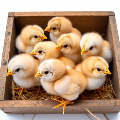Baby Chickens in Wooden Crate