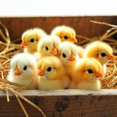 Cute baby chicks in wooden nest