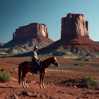 Cowboy riding horse near red rock formations
