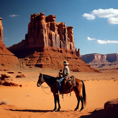 Cowboy riding horse in red rock desert