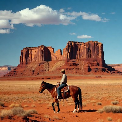 Cowboy riding horse near red rock formations