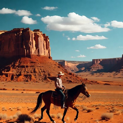 Cowboy riding horse in desert canyon