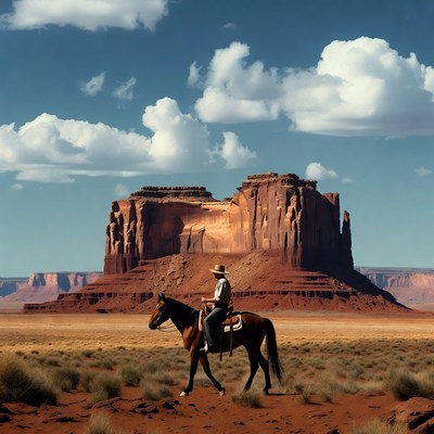 Cowboy riding horse near red rock formation