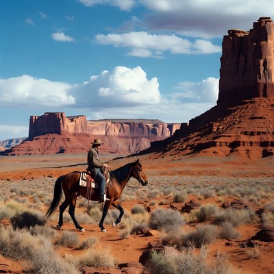 Cowboy riding horse near red rock formations