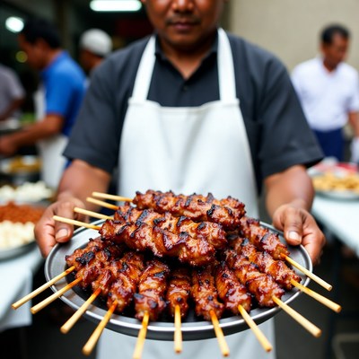 Asian chef holding satay skewers