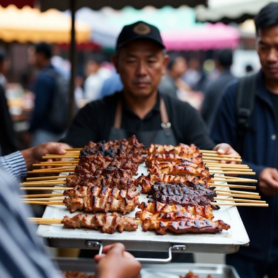 Asian man serving grilled skewers
