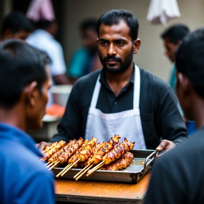 Indian man selling skewers at street market