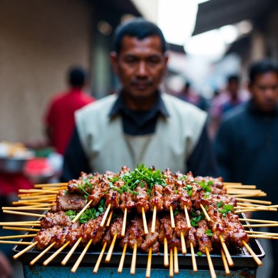 Asian man selling grilled meat skewers