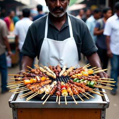 Indian man holding skewers at market