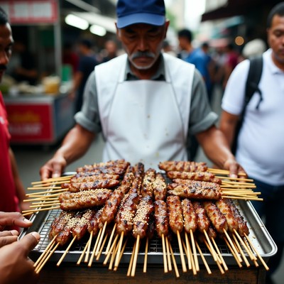 Asian man holding grilled skewers at market