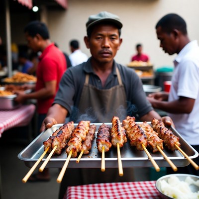 Asian man holding grilled skewers at market