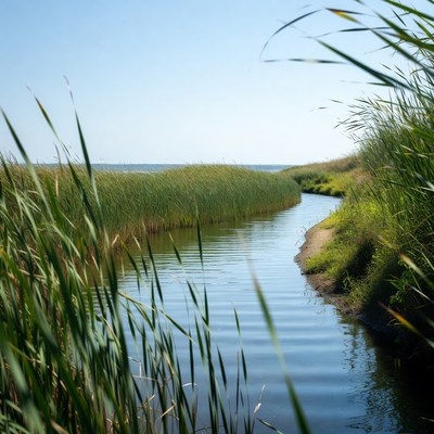 Narrow waterway through green reeds