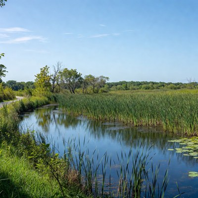 Scenic river through cattail marsh