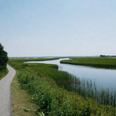 Winding path through marshland