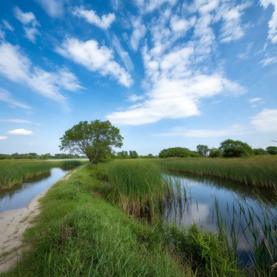 Dirt Path through Marsh with Blue Sky