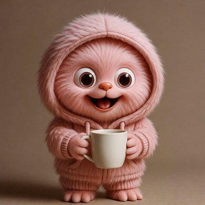 Pink furry creature holding mug