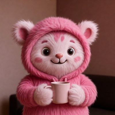 Pink furry bear holding coffee mug