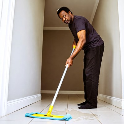 African-American man mopping hallway floor