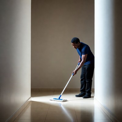 African-American man mopping hallway