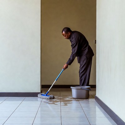 African man mopping floor in suit