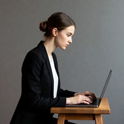 Woman working on laptop in suit