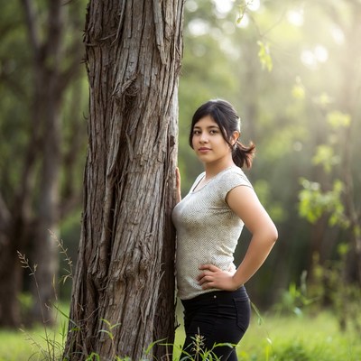 Latino woman leaning against tree