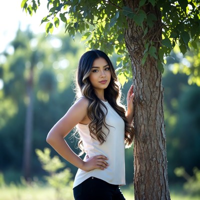 Latina woman leaning against tree