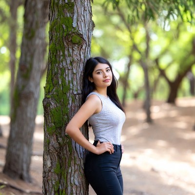 Asian woman leaning against tree